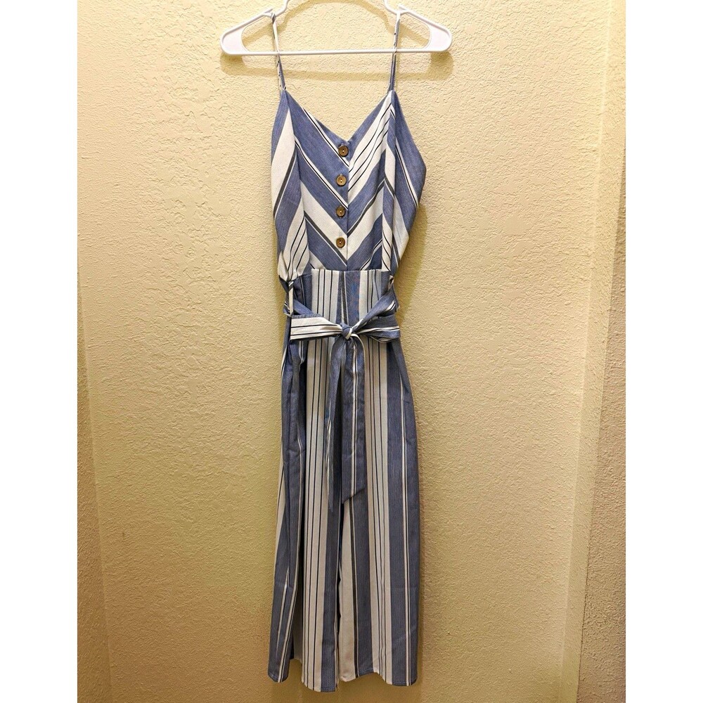 Modern Attraction L Blue White Striped V-Neck Sleeveless Button Jumpsuit